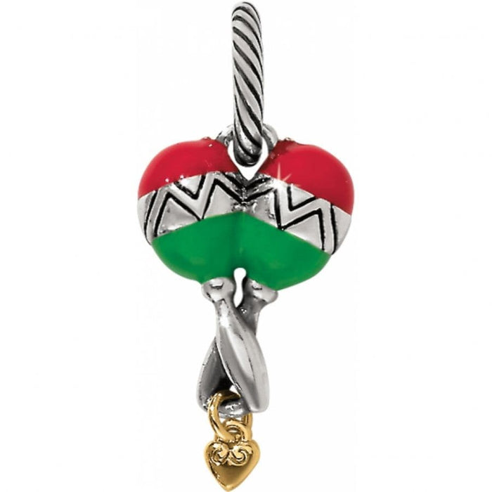 Brighton heart charm with red and green enamel, zigzag silver-plated band, and gold heart drop on a white background