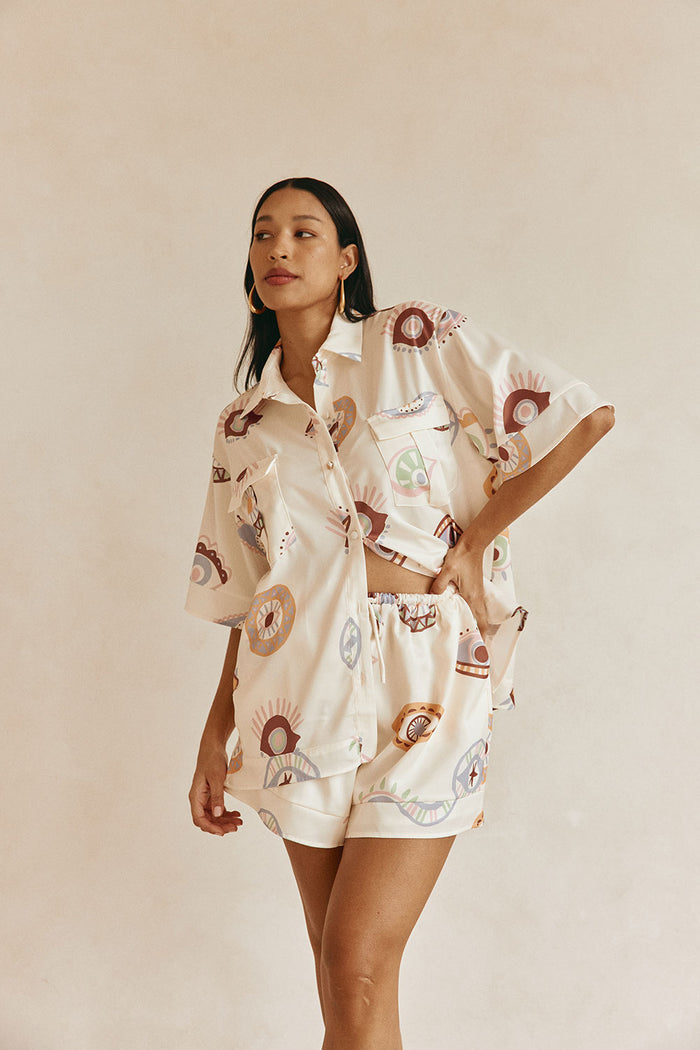 Cream Matia Print Elastic Drawstring Marika Shorts