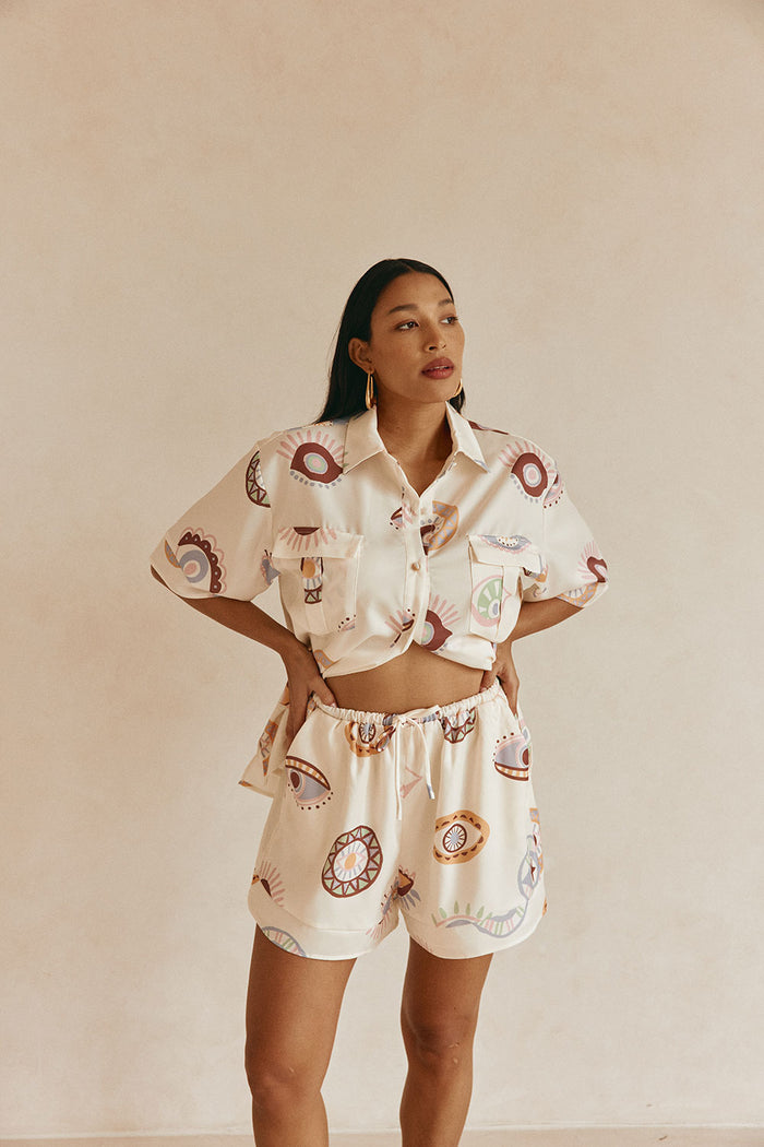 Cream Matia Print Elastic Drawstring Marika Shorts
