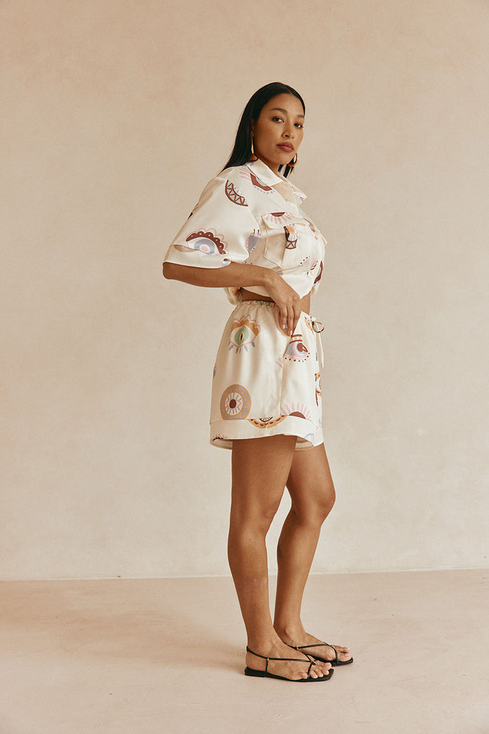 Cream Matia Print Elastic Drawstring Marika Shorts