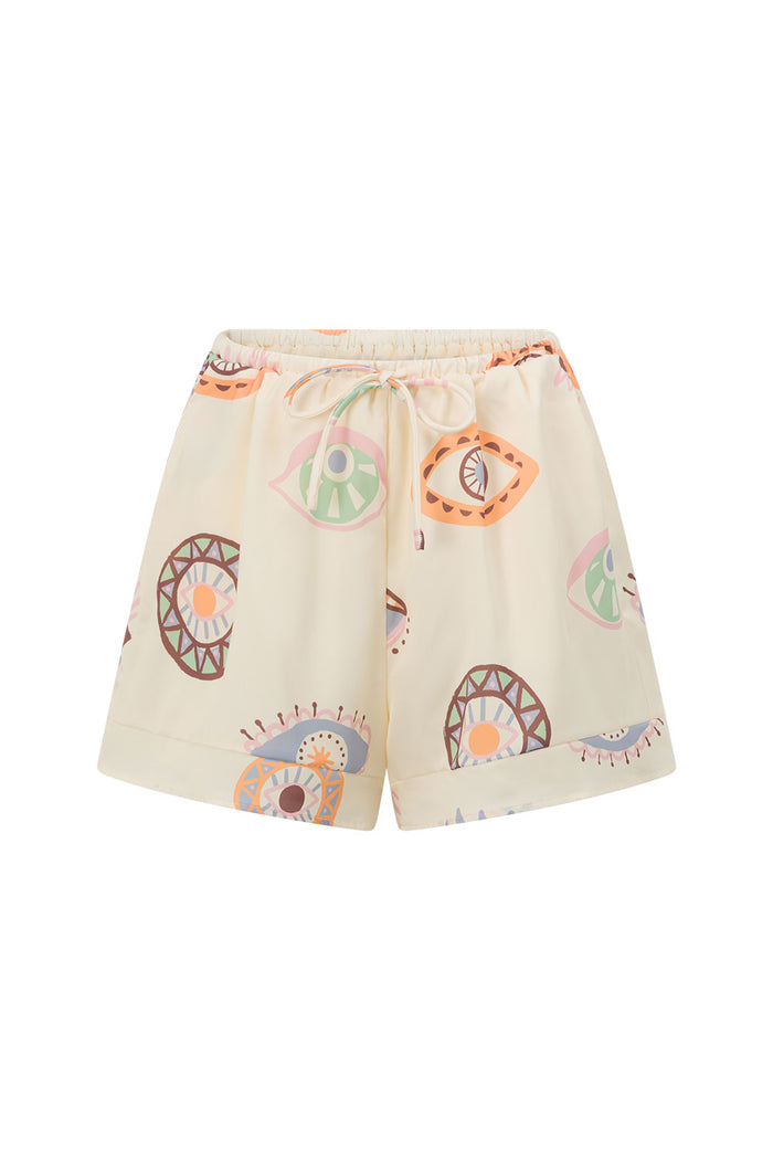 Cream Matia Print Elastic Drawstring Marika Shorts