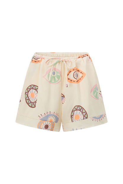 Cream Matia Print Elastic Drawstring Marika Shorts