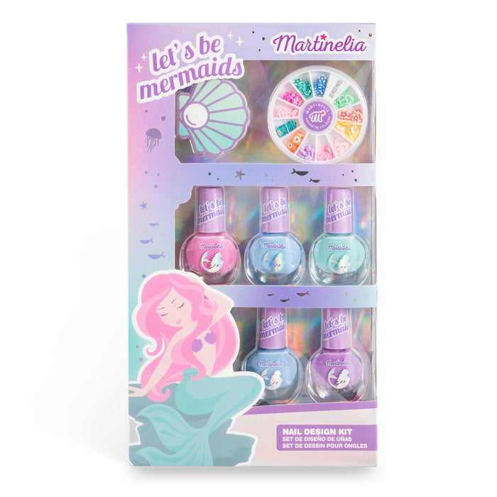 The Martinelia Let's Be Mermaids Nails Design Kit includes four pastel nail polishes, a gem wheel, and comes in a box with a mermaid illustration—perfect for creative kids' nail designs.