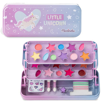 The Martinelia Little Unicorn Makeup Tin Case features pastel star and round pans, applicators, stickers, and a unicorn design on the lid—all neatly packed in a charming tin case.
