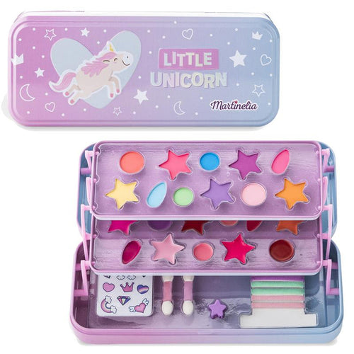 The Martinelia Little Unicorn Makeup Tin Case features pastel star and round pans, applicators, stickers, and a unicorn design on the lid—all neatly packed in a charming tin case.