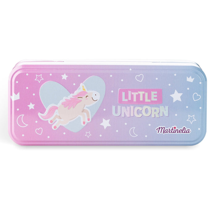 The Martinelia Little Unicorn Makeup Tin Case features a gradient pink-blue background with stars, moons, and a smiling unicorn, plus “LITTLE UNICORN” and “Martinelia” text—perfect for any kids makeup kit!.
