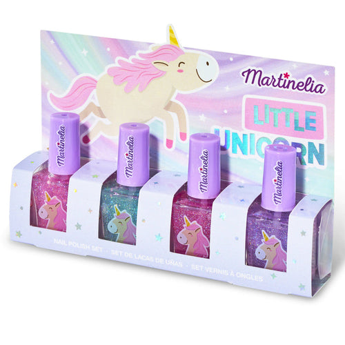 The Martinelia Little Unicorn Nail Polish Set features four pastel glitter polishes with unicorn designs. Presented in rainbow-themed packaging, this magical kids' set from Martinelia is perfect for young unicorn fans.