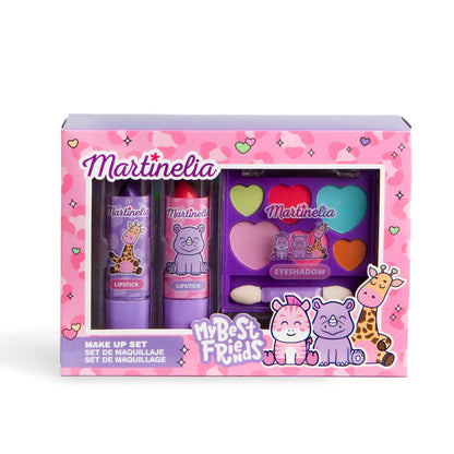 The Martinelia My Best Friends Makeup Set features two lipsticks and a heart-shaped eyeshadow palette in pink packaging with cute cat and giraffe cartoons—perfect pretend play cosmetics for kids. Brand: Martinelia.