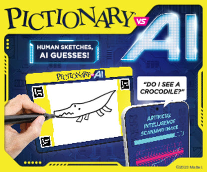 A hand sketches a crocodile on a screen labeled "Mattel Games Pictionary VS. AI" by Mattel, ideal for family fun. The display asks, “Do I see a crocodile?” as another reads, “Human sketches, AI guesses!” with a neon “AI” glowing behind.