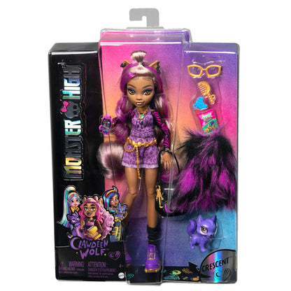 The Mattel Monster High Clawdeen Doll features a purple outfit with gold accessories, glasses, purse, furry jacket, snack, and small purple Crescent cat figure. Packaged with a bold Monster High doll logo on the left. Brand: Mattel.