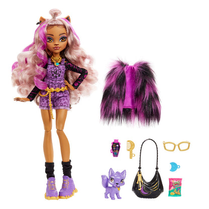 The Mattel Monster High Clawdeen Doll by Mattel features long wavy pink hair, cat ears, a purple outfit, and comes with accessories: furry purple jacket, glasses, purse, comb, snack bag, blue bottle, gold necklace & small purple cat figure.