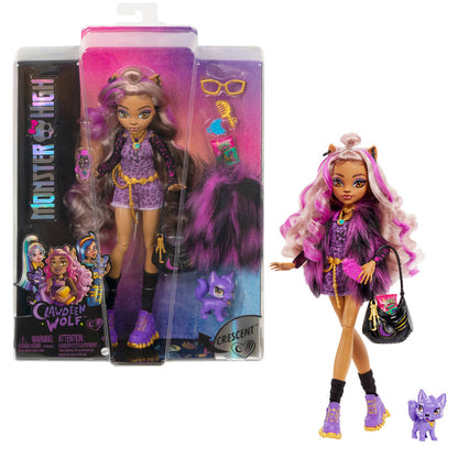 The Mattel Monster High Clawdeen Doll features long wavy hair, a purple animal-print outfit, boots, and fashion accessories. Includes a pet figure, glasses, snacks, and bag. Doll and accessories by Mattel are displayed outside the box.