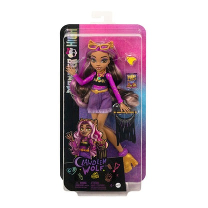 The Mattel Monster High Day Out Doll Clawdeen from Mattel features a purple and pink outfit with gold accessories, long brown and purple hair, glasses, and comes in a colorful box—ideal for any fashion doll collection.
