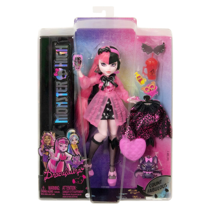 Mattel Monster High Draculaura Doll in original packaging with pink and black hair, stylish pink outfit, extra clothes, Count Fabulous pet, accessories, and Monster High branded box featuring Draculaura graphics.