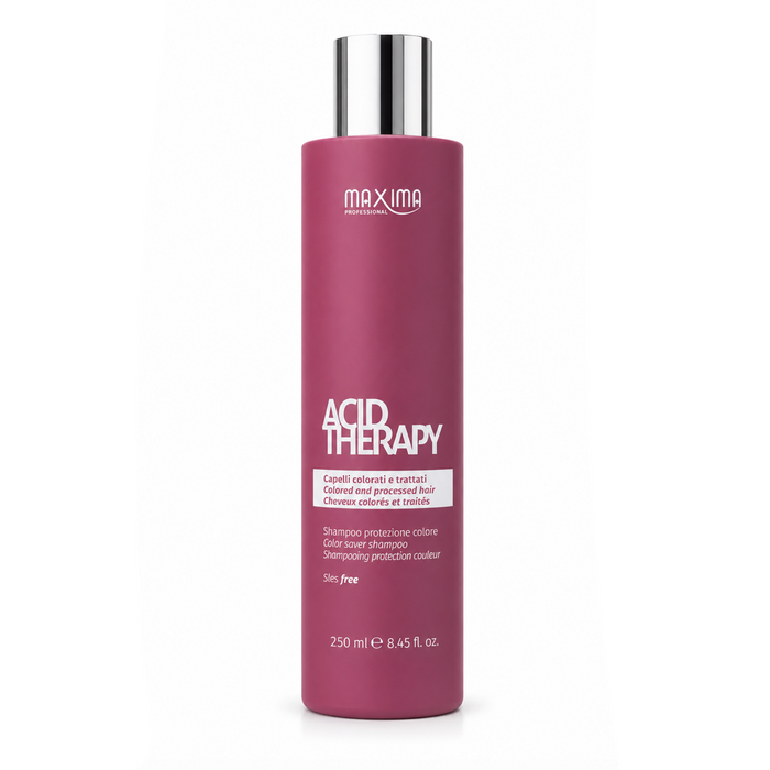 Maxima Acid Therapy Color Saver Shampoo 250ml professional sulphate-free shampoo for coloured and chemically treated hair. Gently cleanses while protecting hair colour, preventing colour fade, restoring hydration, enhancing shine and leaving hair soft, healthy and vibrant after every wash.