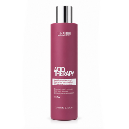 Maxima Acid Therapy Color Saver Shampoo 250ml professional sulphate-free shampoo for coloured and chemically treated hair. Gently cleanses while protecting hair colour, preventing colour fade, restoring hydration, enhancing shine and leaving hair soft, healthy and vibrant after every wash.