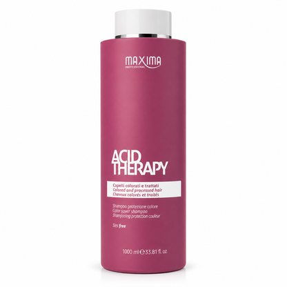 Maxima Acid Therapy Color Saver Shampoo 1000ml professional sulphate-free shampoo for coloured and chemically treated hair. Gently cleanses while protecting hair colour, preventing fade, restoring moisture, enhancing shine and leaving colour-treated hair soft, healthy and vibrant.