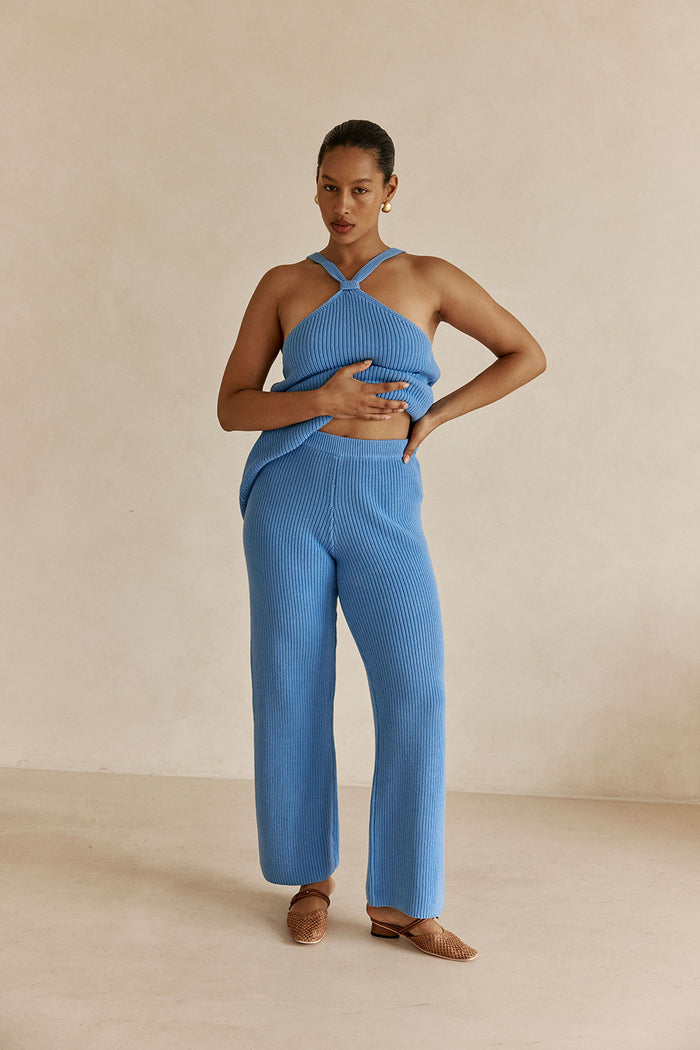 Blue Ribbed Knit High Waist May Pants