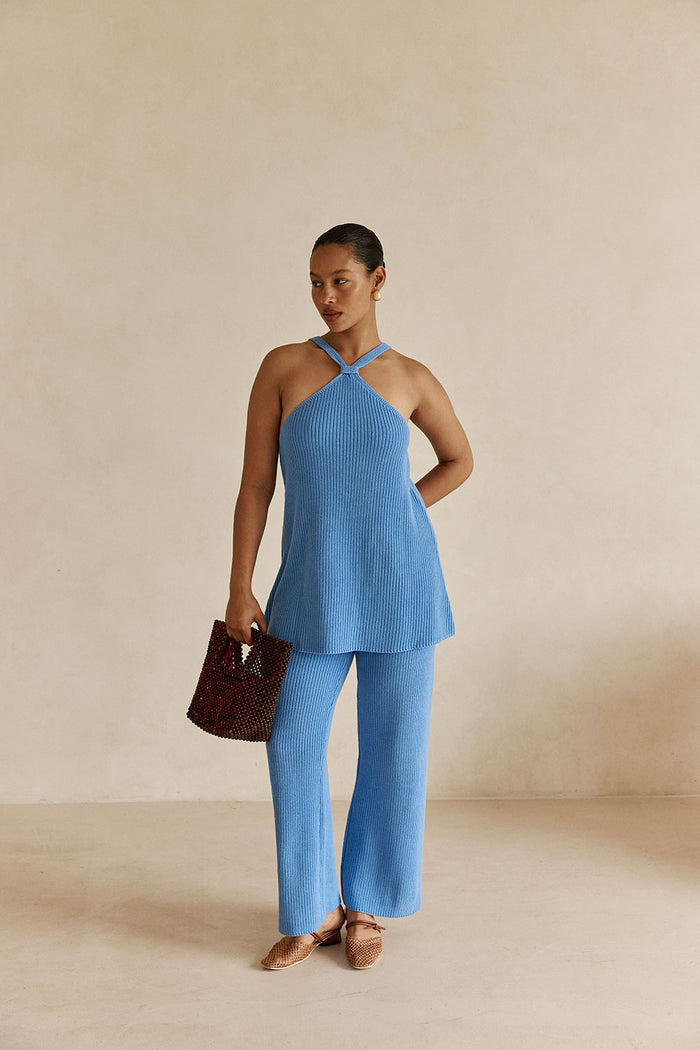 Blue Ribbed Knit High Waist May Pants