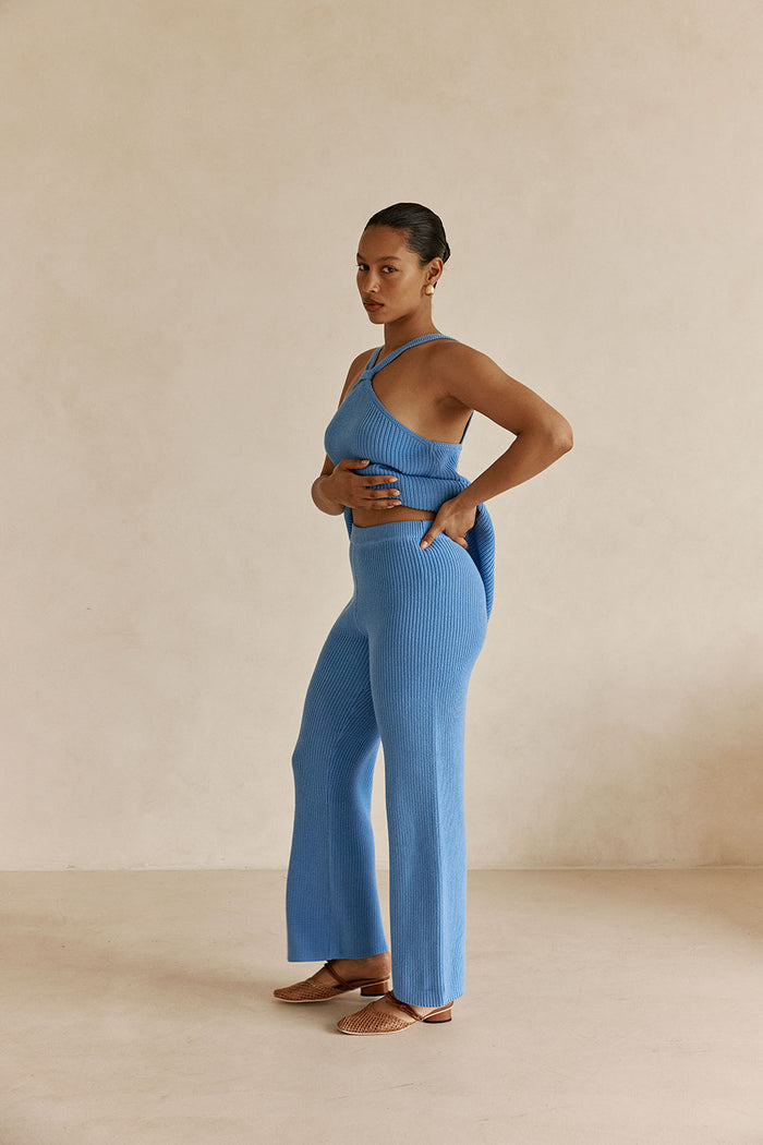 Blue Ribbed Knit High Waist May Pants