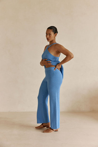 Blue Ribbed Knit High Waist May Pants