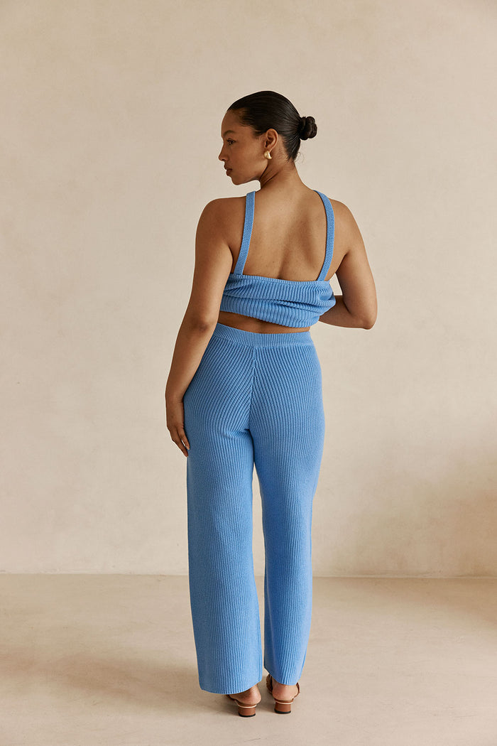 Blue Ribbed Knit High Waist May Pants