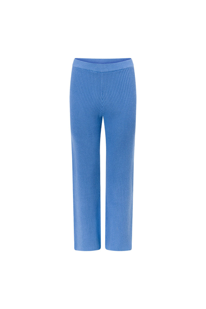 Blue Ribbed Knit High Waist May Pants