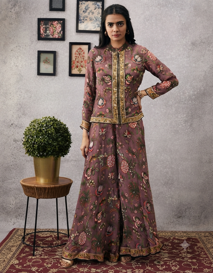 Pink Mehr Embroidered Jacket With Flared Pants in Crepe featuring intricate embroidery and an elegant flared silhouette for festive and occasion wear.