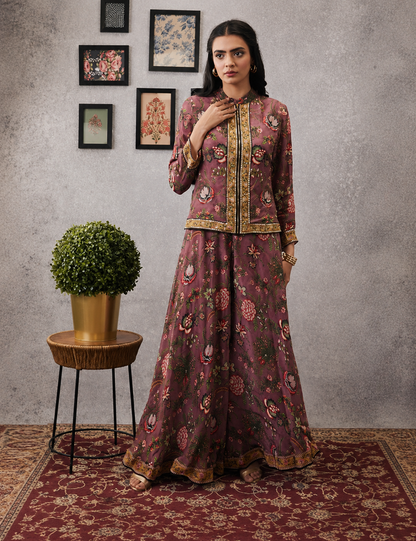 Pink Mehr Embroidered Jacket With Flared Pants in Crepe featuring intricate embroidery and an elegant flared silhouette for festive and occasion wear.