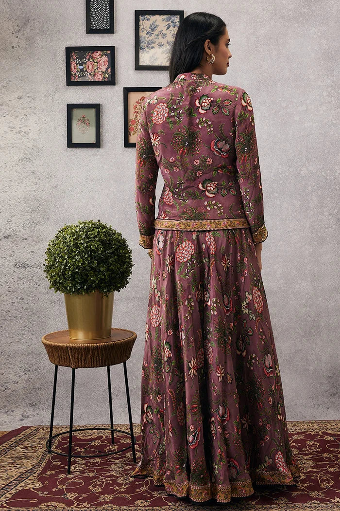 Pink Mehr Embroidered Jacket With Flared Pants in Crepe featuring intricate embroidery and an elegant flared silhouette for festive and occasion wear.