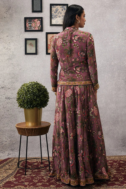 Pink Mehr Embroidered Jacket With Flared Pants in Crepe featuring intricate embroidery and an elegant flared silhouette for festive and occasion wear.