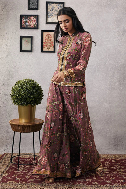 Pink Mehr Embroidered Jacket With Flared Pants in Crepe featuring intricate embroidery and an elegant flared silhouette for festive and occasion wear.