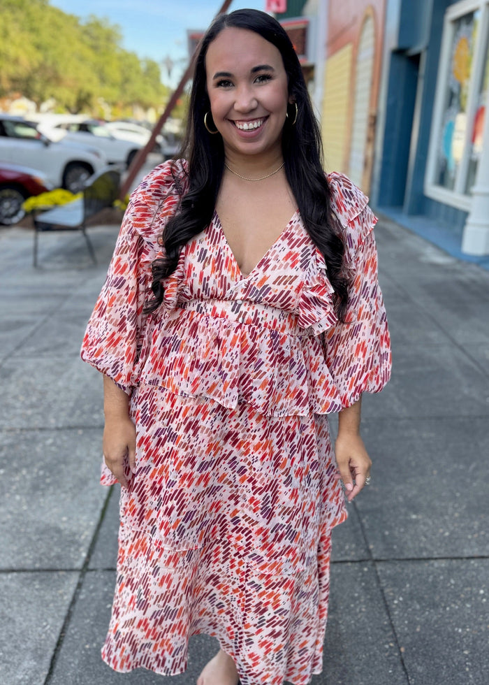 multi abstract ruffle midi dress by Karlie