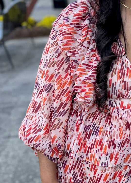 Melody Multi Color Abstract Ruffle Midi Dress