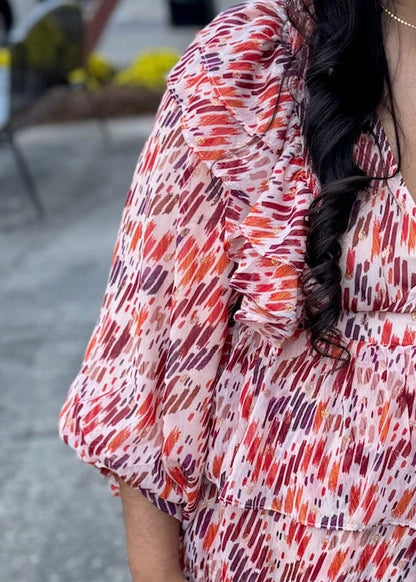 Melody Multi Color Abstract Ruffle Midi Dress