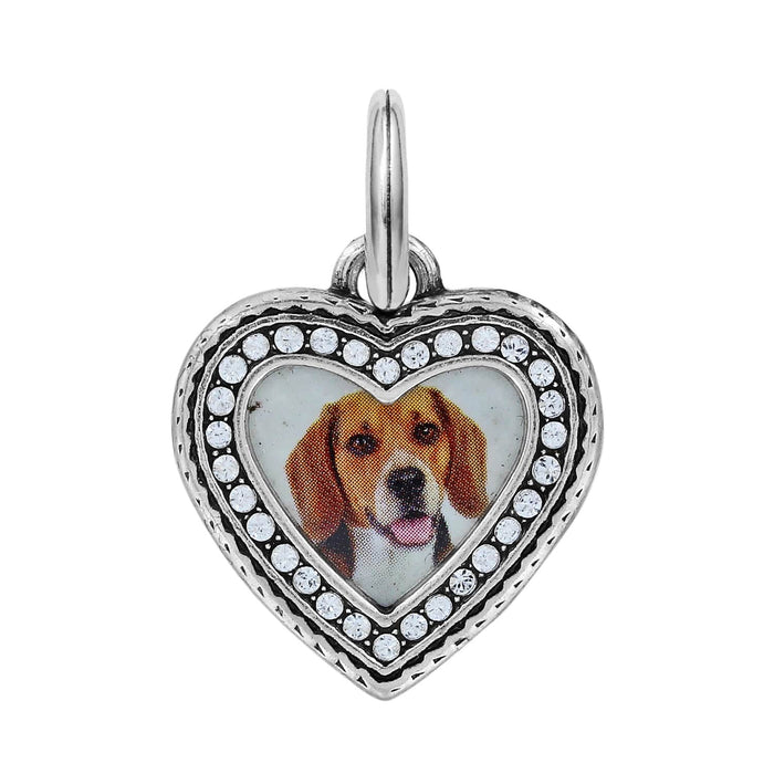 Brighton heart charm with silver-plated frame, crystal border, and beagle dog photo center on a white background
