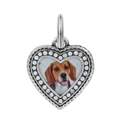 Brighton heart charm with silver-plated frame, crystal border, and beagle dog photo center on a white background