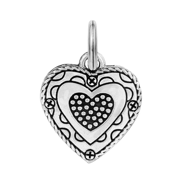 Brighton heart charm with silver-plated finish, dotted center, scrollwork border, and split ring on a white background