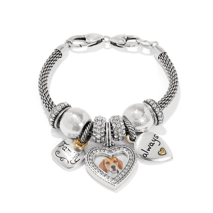 Brighton charm bracelet with silver-plated heart charms, crystal beads, and dog photo locket on a white background