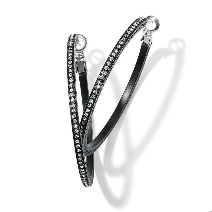 Brighton hoop earrings with black lacquer finish and pavé crystal accents along the front on a white background