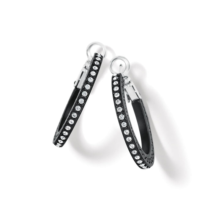 Brighton hoop earrings with black lacquer finish and crystal accents along the outer edges on a white background