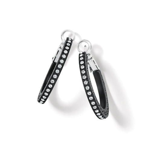 Brighton hoop earrings with black lacquer finish and crystal accents along the outer edges on a white background
