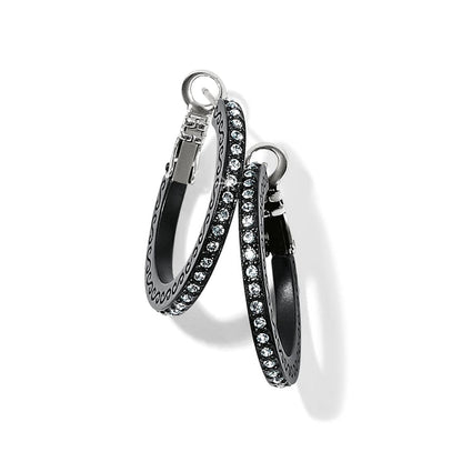 Brighton hoop earrings with black lacquer finish and crystal-lined edges featuring scroll detailing on a white background