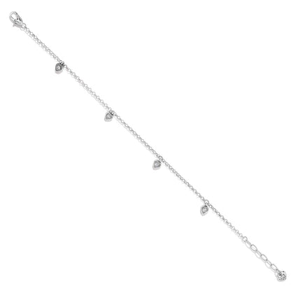 Brighton silver-plated chain bracelet with dangling heart charms and crystal accents on a white background