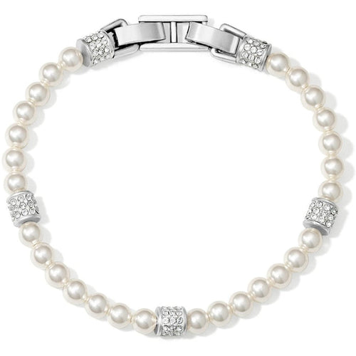Brighton pearl bracelet with silver-plated crystal pavé rondelle accents and fold-over clasp on a white background