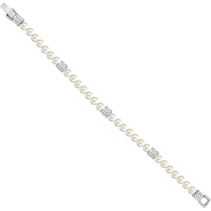 Brighton pearl bracelet with silver-plated crystal pavé accent stations and fold-over clasp on a white background