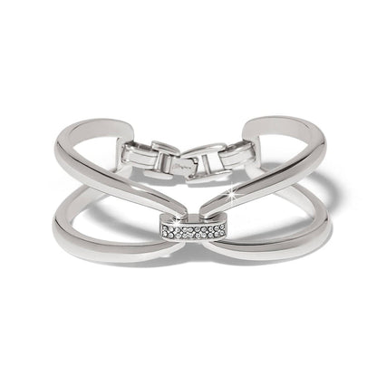 Brighton silver-plated cuff bracelet with open double-band design and crystal-accented center bar on a white background