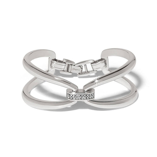 Brighton silver-plated cuff bracelet with open double-band design and crystal-accented center bar on a white background