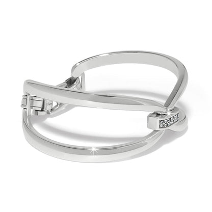 Brighton silver-plated hinged cuff bracelet with open double-band design and crystal accent on a white background
