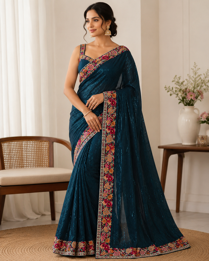 Midnight Teal Sequin Saree
